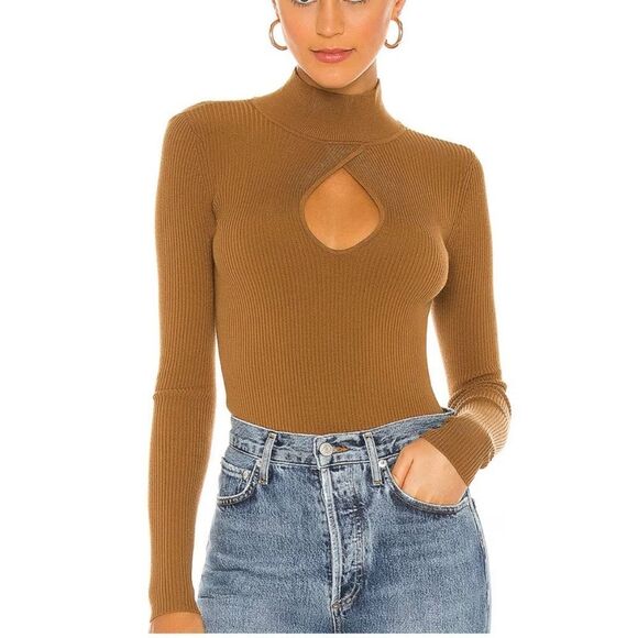 Lovers + Friends Niko Turtleneck Sweater Fitted Ribbed Camel Brown Medium - Picture 4 of 9